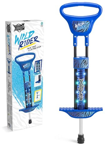 Xootz Wild Rider LED Pogo Stick for Kids, Light Up Bounce Toy, Girls & Boys Aged 5+, Blue Tiger Design