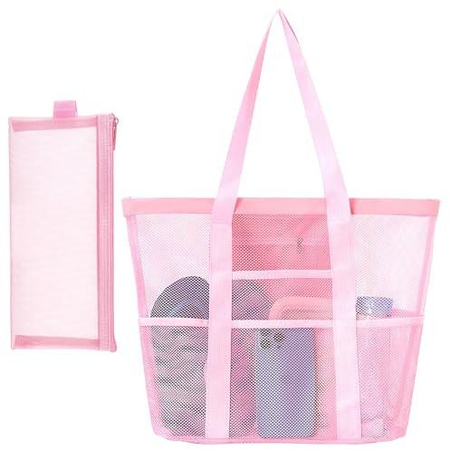 BACH AND BOUJEE Rosa Mesh Strandtasche Familie Strandtasche mit Reißverschluss Damen Badetasche Beach Bag Einkaufstaschen für Reisen Einkaufen und Alltag