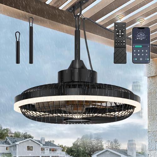 LED Deckenventilator mit Beleuchtung für außen IP65 Wasserdicht Outdoor Ventilator Deckenlampe mit Fernbedienung Leise Dimmbar Fan Deckenleuchte Moderne Lampe mit Ventilator für Wohnzimmer Balkon 