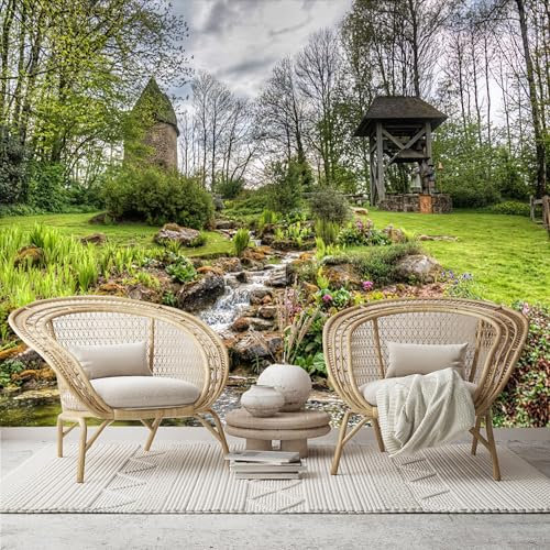 SIJIFACAI Garden Waterfall with Stone Tower and Wooden Pavilion - Custom Size Wall Murals Removable Large Photo Wallpaper for Living Room, Bedroom,Office,Self-Adhesive Wallcovering,No PVC