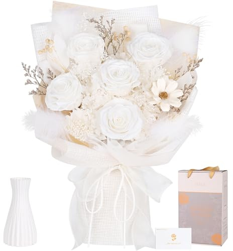 Preserved Flowers for Delivery, 5 White Roses Bouquet, Gifts for Women Mom