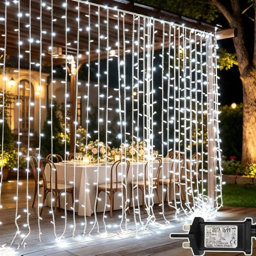 Cozymeow Curtain Lights 3m x 3m 300 LED Curtain Fairy Lights Cool White | Plug in, 8 Modes/Timer/Connectable Hanging Waterproof String Light for Christmas Window Bedroom Wall Gazebo Pergola Wedding