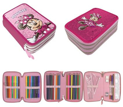 PASO - Federmäppchen 3 Fächer - Mäppchen für Mädchen - Federmappe 3-Fach Federtasche Gefüllte Schüleretui Schulmäppchen und Hausaufgabenheft - Minnie Wendepailletten
