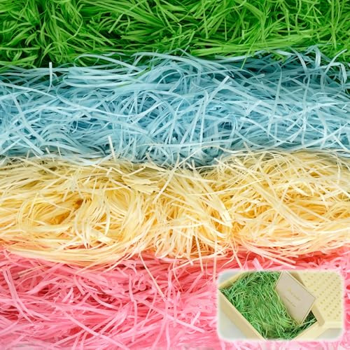 FICOFISE 400 g Fyllningsmaterial gåva: 4 färger strimlat papper, mjukt fyllmaterial för paket och presentkorgar med 2 gratulationskort | Festival presentdekoration