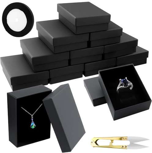 GZcaiyun 12 Stk Schmuck Geschenkboxen, Schmuckkästchen aus Schwarzem Karton, Schmuckschatulle mit Deckel für Halsketten, Ringe, Ohrringe, 9×7×3cm, mit Band, Schere