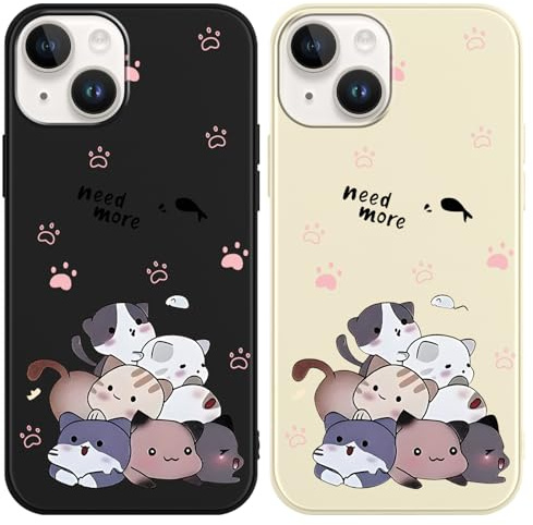 Phoona 2 Pack Cat Print Phone Case for iPhone 14 6.1, Aesthetic Girly Silicone Anti-Scratch Soft Slim Flexible Protective Shockproof Matte Funda Cover for Women Girls