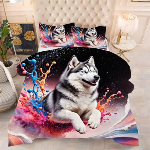 ZZXHG Atmungsaktiv 3D Druck Bettdecke Weich - Grauer Husky, Bettwaren Set mit 2 Kissenhüllen 80x80 cm für Gästebetten und Jugendzimmer 135x200 cm