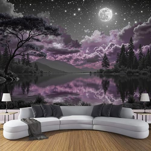 Lila Wolken Nachthimmel Vlies Fototapete Wohnzimmer 350×256cm(W×H), See Wald Tapete Wanddeko Wandtapete Wallpaper Dekoration, Schlafzimmer Restaurant Cafe Büro Flur