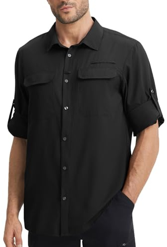 baleaf Tee Shirt Manche Longue Homme, Anti UV UPF 50+ Chemise Longues pour Randonnée Pêche Course Transpiration Protection Solaire avec Design Fonctionnel Noir L