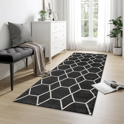 SANAT Wohnzimmerteppich – Pflegeleicht, für jeden Raum geeignet – Öko-Tex zertifizierter Flächenteppich – Trellis Muster, Schwarz, 80 x 200 cm