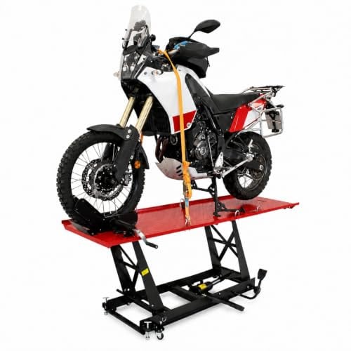 TRUTZHOLM hydraulischer Motorradheber 450 kg Tragkraft Motorradhebebühne | Extra-Breit 68 cm, Hubbereich 20-84 cm, abnehmbare Auffahrrampe, 4 Halteösen, 45° Vorderradklemmung, Parallelheber, Rot