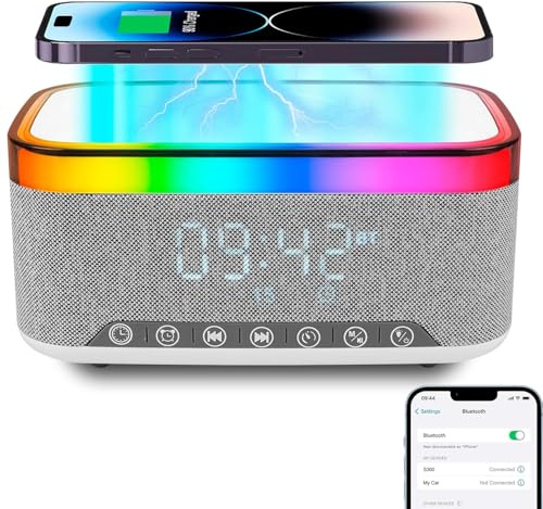 Facarler LED Nachttischlampe mit Ladefunktion, Induktions-Ladewecker | Bluetooth Lautsprecher, Atmosphärenlampe mit Musiksynchronisierung, Digitaler Wecker, Dimmbar, Nachtlicht für Schlafzimmer