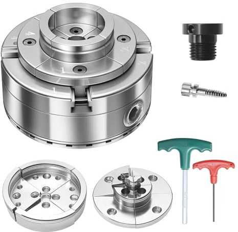 VEVOR Mandrino per Tornio per Legno 102 mm, Mandrino Autocentrante a 4 Griffe per Tornitura di Legno Adattatore da 1 pollici x 8 TPI Accessori con Griffe Valigetta per Trasporto, Acciaio Nichelato