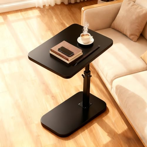 Zinueen Tavolino girevole a 360°, a forma di C, regolabile in altezza, tavolino da caffè con struttura in metallo, salvaspazio per piccoli spazi, con supporto per smartphone e tablet (nero)