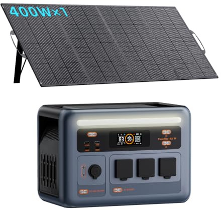 PowerMax 1800SE Estación de Energía Portátil 1800W con 1 Panel 400W, 1024Wh Batería LiFePO4, 3x Tomas AC, 0-80% in 45min, Power Station para Camping/Caravana/Emergencias