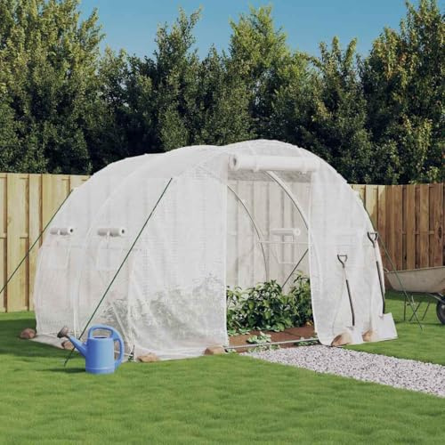 Serra con telaio in acciaio e copertura in PE bianca, 6 m² (3 x 2 m) per frutta e verdura, con 4 finestre laterali a rete e porta arrotolabile