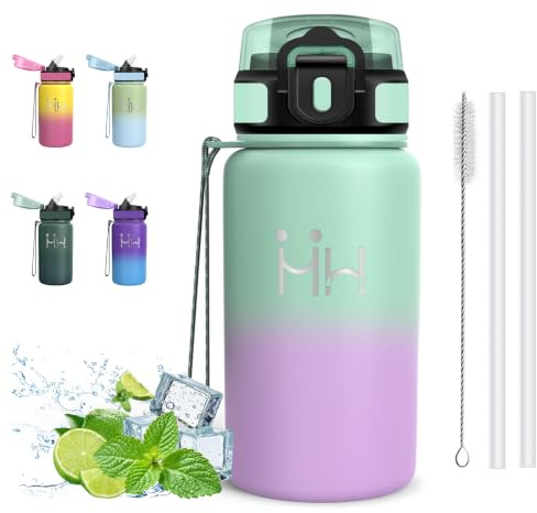 Botella Agua Acero Inoxidable- 500ml- Botella Agua Acero Inoxidable, a Prueba de Fugas, Cantimplora Infantil, con Cepillo para Pajita, Cantimplora sin BPA, para la Escuela, Hogar, Oficina