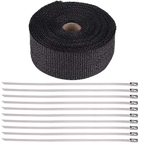 Qiilu 16FT Rollo de Cinta Aislante para Tubo de Escape Anticalor y Cable Lazos para Coche Motocicleta Negro