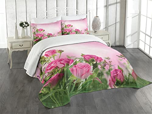ABAKUHAUS Blume Tagesdecke Set, Spring Season Rosen Knospen, Set mit Kissenbezügen Weicher Stoff, für Doppelbetten 264 x 220 cm, Grün Rosa