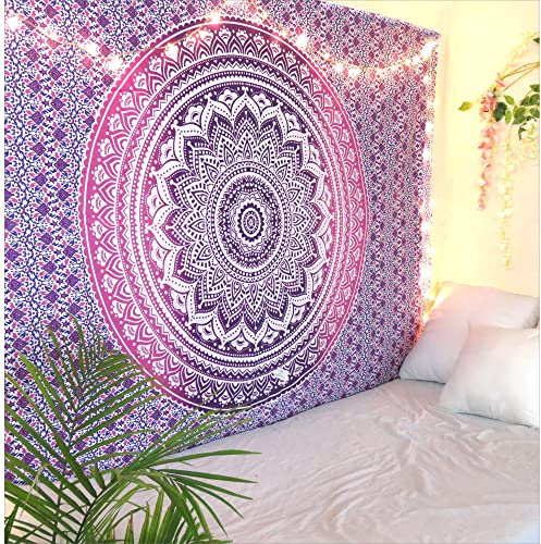 THE ART BOX Indie Wandteppich Baumwolle Mandala Wandbehang Deko Teppich Aesthetic Room Decor Dekoration Wohnzimmer Indische Tücher Schlafzimmer Deko, Pink und Weiß, 135x160 Cm
