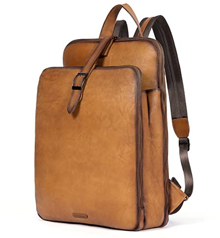 CLUCI Damen Rucksack Echtleder Groß Laptoptasche für 15.6 Zoll Laptop Frauen Reisetasche Vintage Businesstasche Schultertasche Gelb-Braun