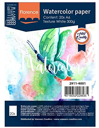 Vaessen Creative Florence Aquarellpapier A6, Weiß, 300 g/m² Strukturiertes Papier, 100 Blatt für Aquarellmalerei, Handlettering und Brush Lettering