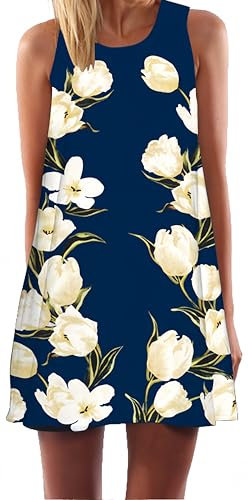 Ocean Plus Femmes Été Mini sans Manches Coloré Tops Robes Paon Robes De Plage Court A-Line Robe sans Manches Robe De Temps (L (EU 38-40), Roses Blanches)