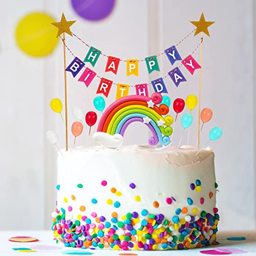 Fuyamp Rainbow Cake Topper Decorations - Happy Birthday Cake Topper Bunting with 12 Pcs Rainbow Cupcake Balloons Ornaments