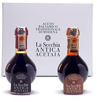La Secchia Duetto, Traditioneller Balsamico Essig aus Modena DOP mit Einem Alter von 20 und 35 Jahren, 2 Flaschen à 100 ml mit Dosierkappe aus geblasenem Glas