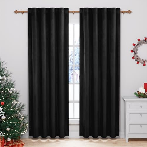WOLTU 2 Stücke Samtvorhänge, für Schlafzimmer Wohnzimmer, Verdunklungsvorhang mit Kräuselband Thermogardine, 300 g/m² Schwere Samtige, 140 x 270 cm, Schwarz