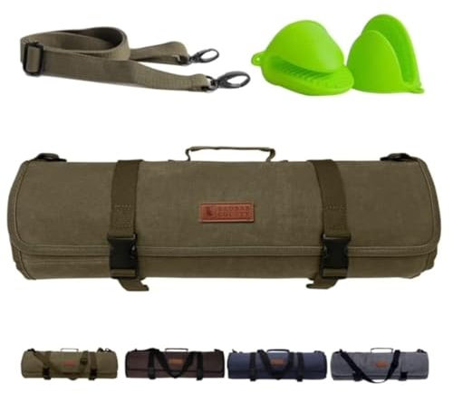 Baobab County Chef Knife Roll Bag – 12oz Water-Resistant Waxed Canvas – Heavy-Duty Portable Knife Case with 11 Slots for Cleavers, Carving Knives & Chef Tools – Bonus Oven Mitts Included (Army Green)