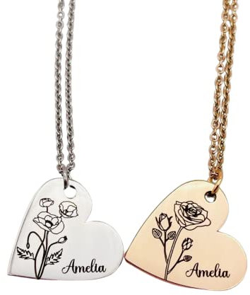 Birth Month Flower Heart Pendant Necklace Personalised Gift