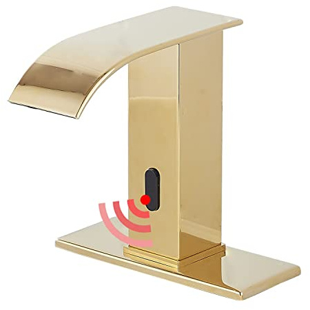 GGStudy Sensore automatico Oro Lucido Touchless Bagno Lavandino Rubinetto con Coperchio Foro Rubinetto Vanity Mani Free Cascata Bagno Rubinetto Acqua con Scatola di Controllo e Miscelatore Temperatura