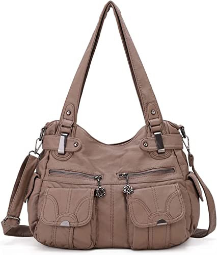 FANDARE Groß Schultertasche Damen Umhängetasche Frauen Vintage Schulranzen Wasserdicht PU Leder Women Purse für Shopper Reisen Arbeitstasche Messenger Hobo Bags Khaki