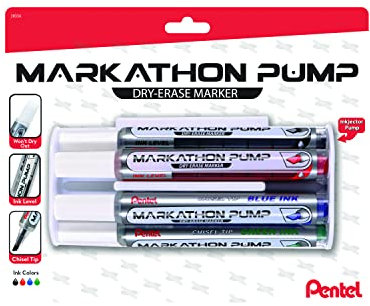 Pentel Markathon Pump Dry Erase Marker, Chisel Tip, Assorted Colors, 4 Pack with Eraser (MWL6SXBP4MKIT)