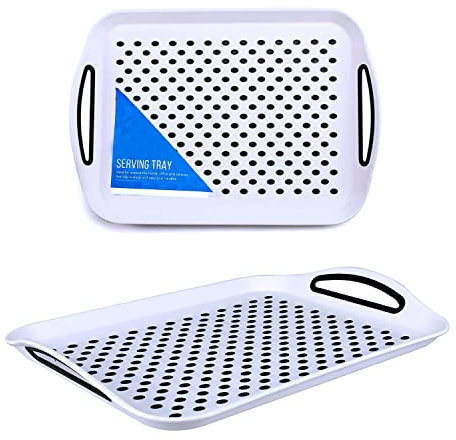 2x White Extra Large 41cm Anti-Slip Serving Plastic Trays with Easy Grip Rubber Handles Surface, Non-Slip Top and Bottom, Dinner and Drinks Serving Trays
