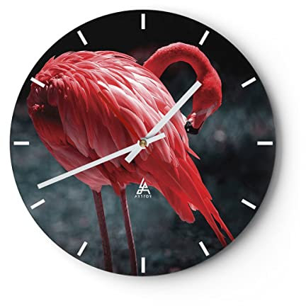 Modern Wanduhr Flamingo Rosa Vogel 40x40cm Rund Groß Wand Uhr Glas Analog Zimmeruhren Küche Büro Wohnzimmer Glasuhr Wall Clock Dekoration Design Wanddekoration Küchenuhr C3AR40x40-4551
