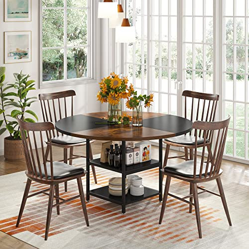 Tribesigns Runder Esstisch für 4 Personen, 120 x 120 x 75 cm, Industrie-Stil, Holzküchentisch Großer Esstisch mit Regal für Home Esszimmer Wohnzimmer, Braun/Schwarz