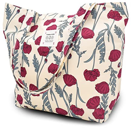 Damen Stofftaschen Blume Tote Tasche Umhängetasche Leicht Große Kapazität Student Shopping Beach Bag beigeRosa
