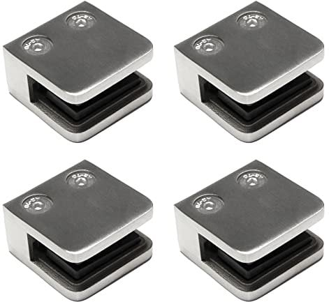 PRIOstahl Glashalter 4 Stück Glasklemmen Klemmhalter Glasplattenhalter Eckig 45 x 45 x 26 mm Anschluss: Flach für Glas 8,76 mm Geländer Handlauf Balkon aus Edelstahl V2A