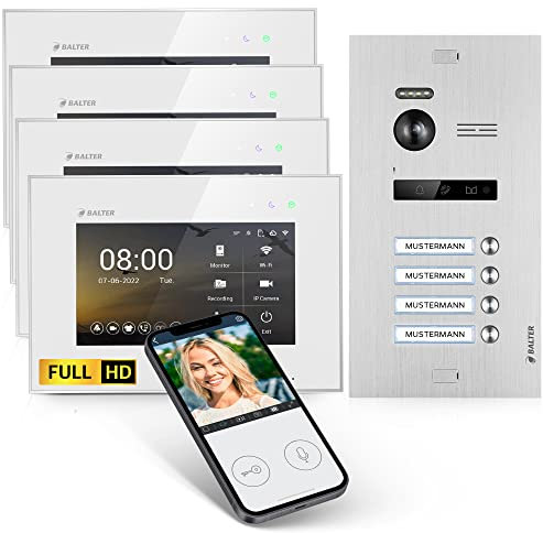 Balter EVO-HD Video Türsprechanlage, Video Türklingel mit Kamera, 4 Familienhaus Klingel, Smartphone App, 4X 7 Zoll HD Monitor, Full HD, 2 Draht Bus, Gegensprechanlage mit 175° Weitwinkel