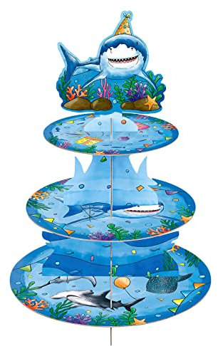 WERNNSAI Hai Tortenständer Hai Geburtstag Party Dekorationen für Jungen Kinder 3-Stöckiger Papp Kuchenständer Dessertturm Rundung Serviertablett Stand Dusche Cupcake Ständer