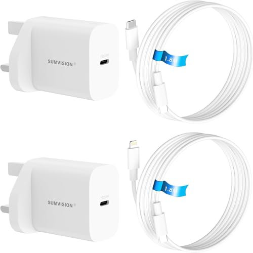 USB Plug UK SUMVISION USB C Plug Portable Charger 20W Twinpack 2X Power Adapter iPhone Charger Samsung Android Charger Fast Charging with 2x Lightning And USB Type C Cable (UK DESIGN UK TECH SUPPORT)