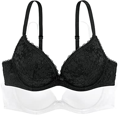 Dorina Damen Sonia Push-Up-BH 2er-Pack – Bügel-BHS mit Geformten Cups, Spitze und Glattem Mikrogewebe für Hebung und Komfort, Schwarz und Weiß