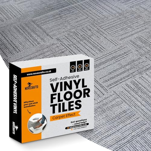 NOVECRAFTO Vinyl Floor Tiles Self-Adhesive – 30 Pack, 30 x 30cm (2.79m² Coverage) Carpet Effect Peel & Stick Floor Tiles – Easy to Clean Durable Vinyl Flooring for Kitchen, Living Room & Office (Grey)