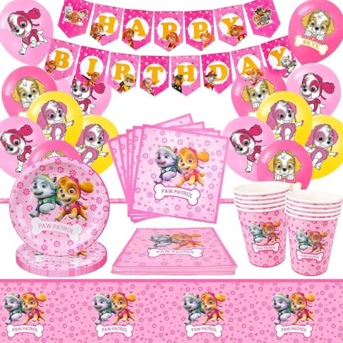 GUBOOM Paw Dog Partygeschirr Set, 62Pcs Paw Dog Geburtstag Deko, Paw Dog Pappteller Set, Paw Dog Luftballon, Tischdecke, Teller, Servietten, Becher, Banner (A)