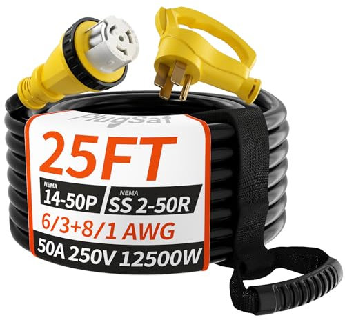 PlugSaf - 50 Ampere Generatorkabel, 7,6 m, 50 A, Wohnmobil-Verlängerungskabel mit Drehverschluss, Generatorkabel 50 A, 4 Zinken, gelb, NEMA 14–50P/SS2–50R, strapazierfähig, 6/3+8/1 AWG STW