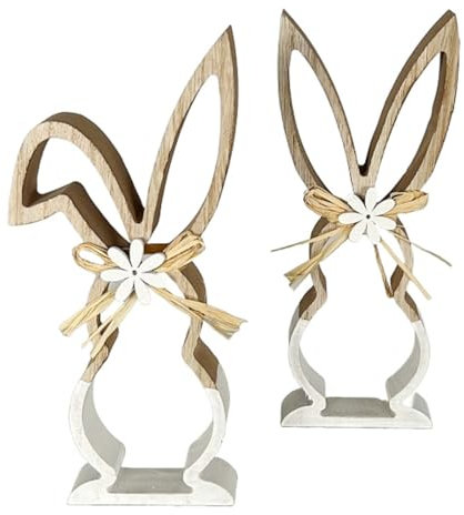 MACOSA HN68059_x2 Deko-Hasen 2er Set Holz Braun Weiß 22 cm modern Osterhase Stroh Blumen Osterdeko Holzhase Oster-Dekoration Tischdeko Hasenpaar Deko-Figur Ostern