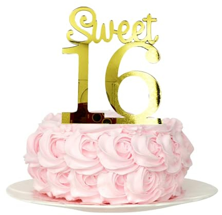 Sweet 16 Cake Toppers - Gold Acrylic Sixteen Topper, Birthday Decorations for 16th Celebration, Cake Decoration