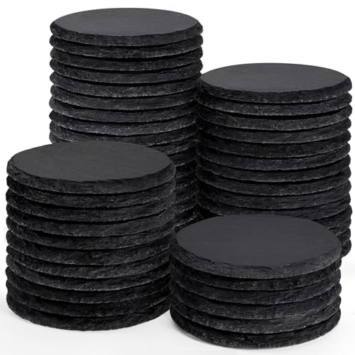 WEWINK PLUS Lot de 48 dessous de verre ronds en ardoise pour boissons, 10,2 cm, vierges en pierre noire avec envers anti-rayures pour gravure laser, décoration d'intérieur, bar, mariage, cadeaux de
